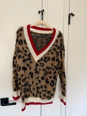 Lulu's Leopard-Print V-Neck Sweater with Red & Cream Trim